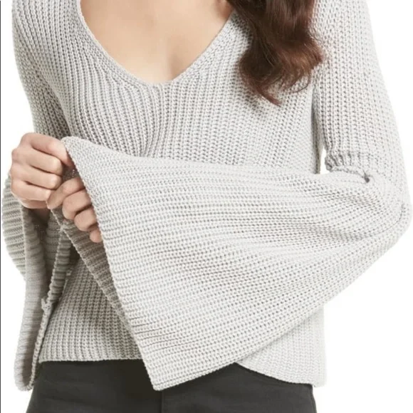 Free People Stone Chinky Knit Dramatic Bell Sleeve Pullover Sweater - Picture 4 of 8